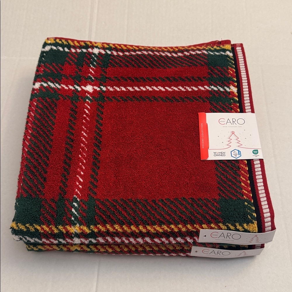 2pc CARO HOME Holiday Plaid Bath Towel Set - 100% Cotton - Green/Red/White